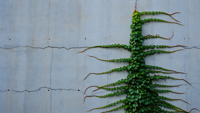 Lush green vine climbing a cracked concrete wall - Powered by Adobe