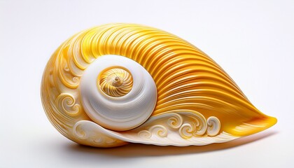 intricate yellow and white seashell with spiral pattern on white background