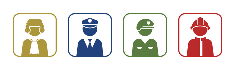 Judge, Police, Soldier, Firefighter icon set illustration vector. Inside square version.