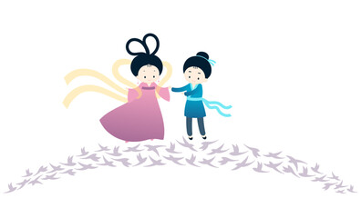Qixi Festival, Tanabata lovers meeting on magpie bridge kawaii characters illustration, isolated vector. Hand drawn cute flat style design. Traditional Chinese holiday element. China Valentines Day