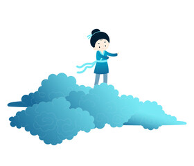 Qixi Festival, Tanabata cowherd, Hikoboshi on fluffy clouds kawaii character illustration, isolated vector. Hand drawn cute flat style design. Traditional Chinese, Japanese holiday clip art element