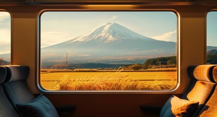 The shinkansen races across the vast fields, with golden rice paddies and distant mount fuji flashing by outside the window