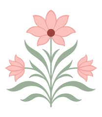 Flat Vector Floral Illustration with Pink Stylized Flowers and Green Leaves. Botanical Flower vector Illustration.