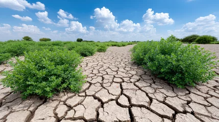 Selbstklebende Fototapeten Dried landscape with cracked earth and sparse vegetation under blue sky with clouds, illustrating effects of desertification and climate change © Exsinghas