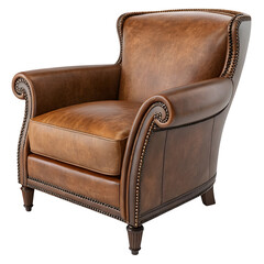 Elegant brown leather armchair isolated on transparent background