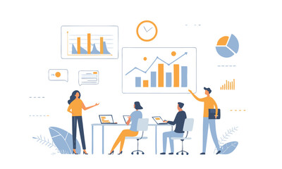  group business team meeting and working collaboration in office workplace concept. flat vector illustration  