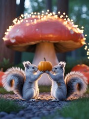Fototapeta premium Two squirrels sharing a tiny pumpkin autumn magic