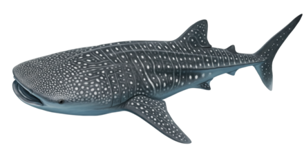 A white-spotted, broad-headed whale shark glides through the water, isolated on the transparent seabed.