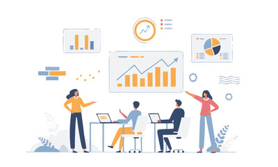  group business team meeting and working collaboration in office workplace concept. flat vector illustration  
