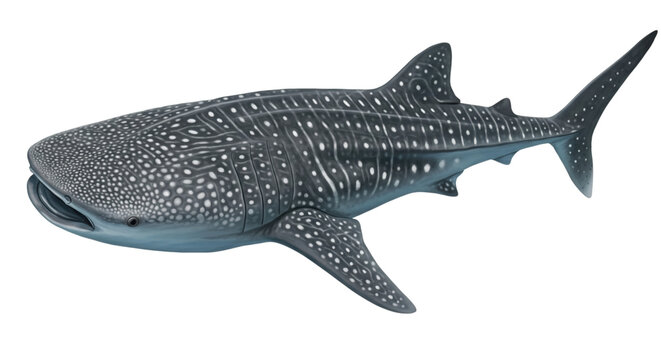 A white-spotted, broad-headed whale shark glides through the water, isolated on the transparent seabed.