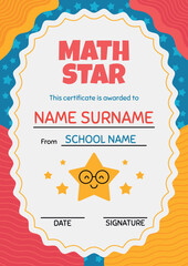 Printable A4 certificate template for math award with smiling star. Kids diploma