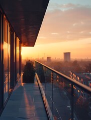 On the balcony of a high-rise apartment, soft sunlight falls on the glass railing