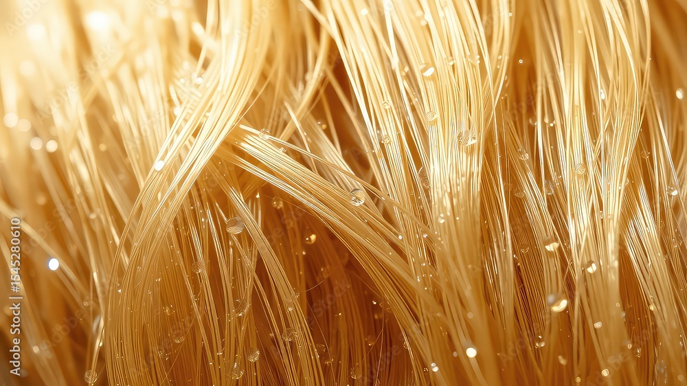 Poster close up of wet golden strands sparkling with water droplets, creating a textured and lustrous abstr