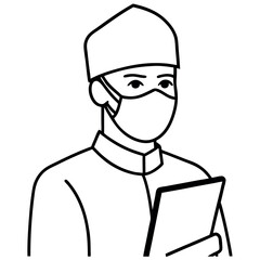 Male Surgeon Wearing Mask and Hat Holds Clipboard doctor