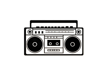 A black and white illustration of a boombox with a cassette player and two speakers on a white background