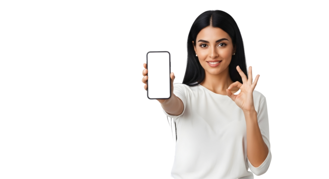 Woman Showing Phone Screen Making Okay Sign Transparent Background