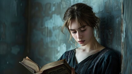 beautiful young girl reading a book