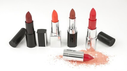 Lipsticks in Varying Colors and Packaging Styles Arranged on a Clean White Surface with Scattered Powdered Cosmetic Blush