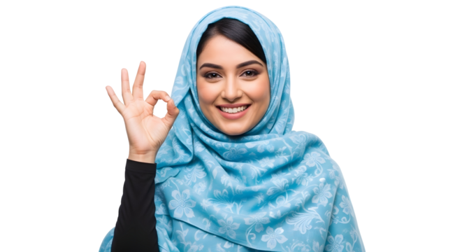 Woman Wearing Headscarf Smiling and Making OK Hand Gesture Transparent Background