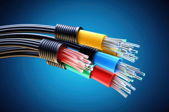 Fiber optic cable network technology data transmission colorful wires glowing closeup blue background