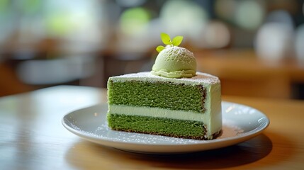 A matcha cake is placed on a porcelain plate, topped with matcha ice cream