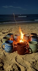 Beach Bonfire Gathering Handcrafted Ceramic Mugs Circle Warmth Under Night Sky