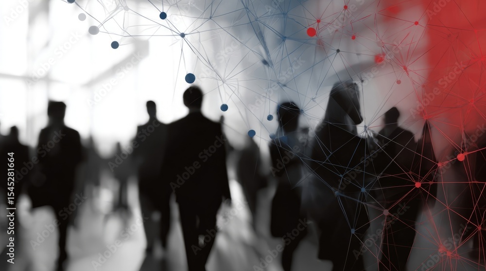 Poster connected world: blurred silhouettes of individuals merge with a network of interconnected points an