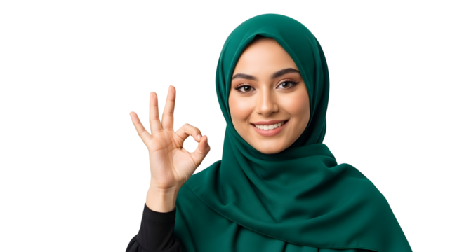 Woman in Hijab Making Okay Sign Smiling on Transparent Background