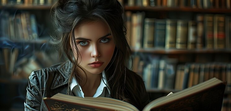 beautiful young girl reading a book