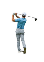 Man Swinging Golf Club with Driver on Isolated Background