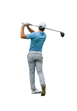 Man Swinging Golf Club with Driver on Isolated Background