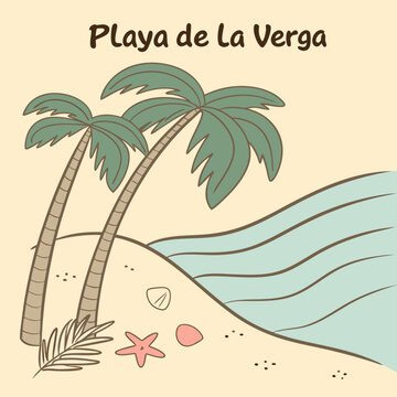 A beach scene labeled &ldquo;Playa de la Verga&rdquo; with palm trees and clear ocean vector waves