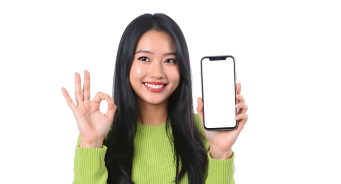 Woman Holding Smartphone Showing Blank Screen Making Ok Sign Transparent Background