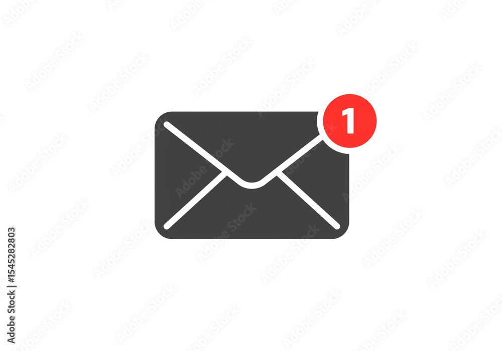 Poster a grey envelope icon with a red circle indicating one new message on a white background simple desig