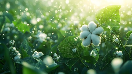 In the cotton field, green leaves and white flowers intertwine
