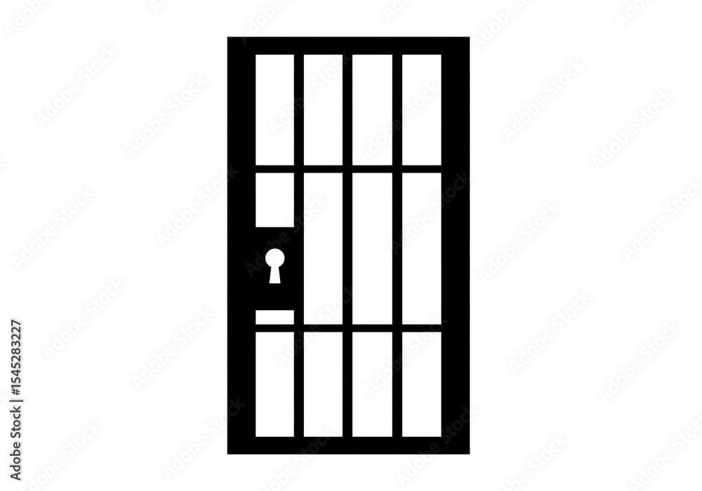 Poster a black and white graphic of a barred door with a keyhole and a simple handle design on the left sid