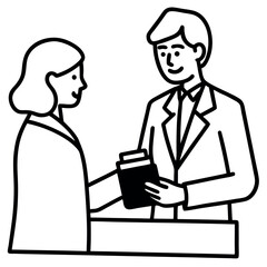 Pharmacist handing prescription to patient black and white sketch