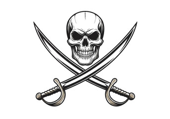 A cartoon illustration of a skull and crossbones with two crossed swords on a white background