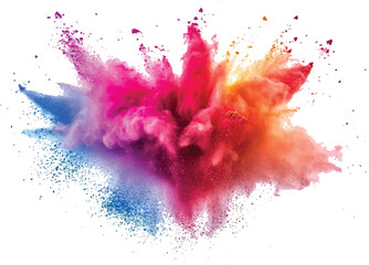Colorful powder exploding on transparent background. Explosive burst of multicolored powder spreading in all directions on a white background,
