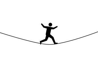 Fototapeta premium A black silhouette of a person walking on a tightrope against a white background in a simple design