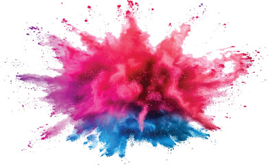 Colorful powder exploding on transparent background. Explosive burst of multicolored powder spreading in all directions on a white background,