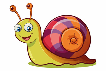 Bright and cheerful cartoon snail character with a vibrant orange spiral shell, blue body, and big smiling face. 