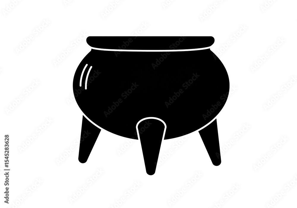 Poster isolated black cauldron with three legs on a white background in a simple graphic style