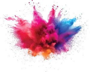 Colorful powder exploding on transparent background. Explosive burst of multicolored powder spreading in all directions on a white background,
