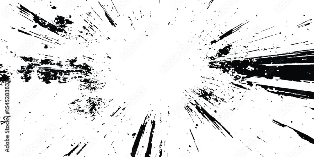Poster Abstract explosion, radial burst of Ink splatter effect isolated on white background. Dynamic charcoal burst explosion, isolated on transparent background.