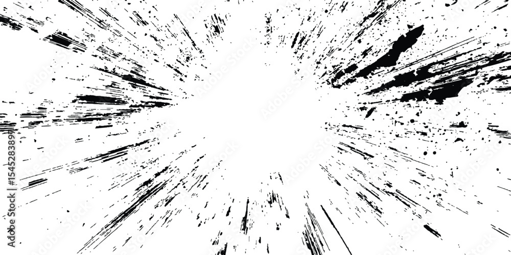Poster Abstract explosion, radial burst of Ink splatter effect isolated on white background. Dynamic charcoal burst explosion, isolated on transparent background.