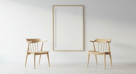 Vertical frame mockup in a bright, minimalist room with two chairs