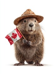 a cute beaver wearing an explorer hat holding a canada flag