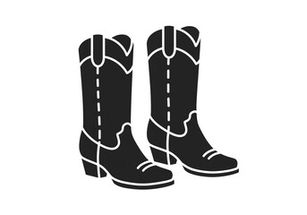 A pair of black cowboy boots with white stitching and accents on a white background in a vector style