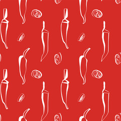 Hand drawn chili peppers and slices seamless pattern with white lines on red background for food packaging and surface design